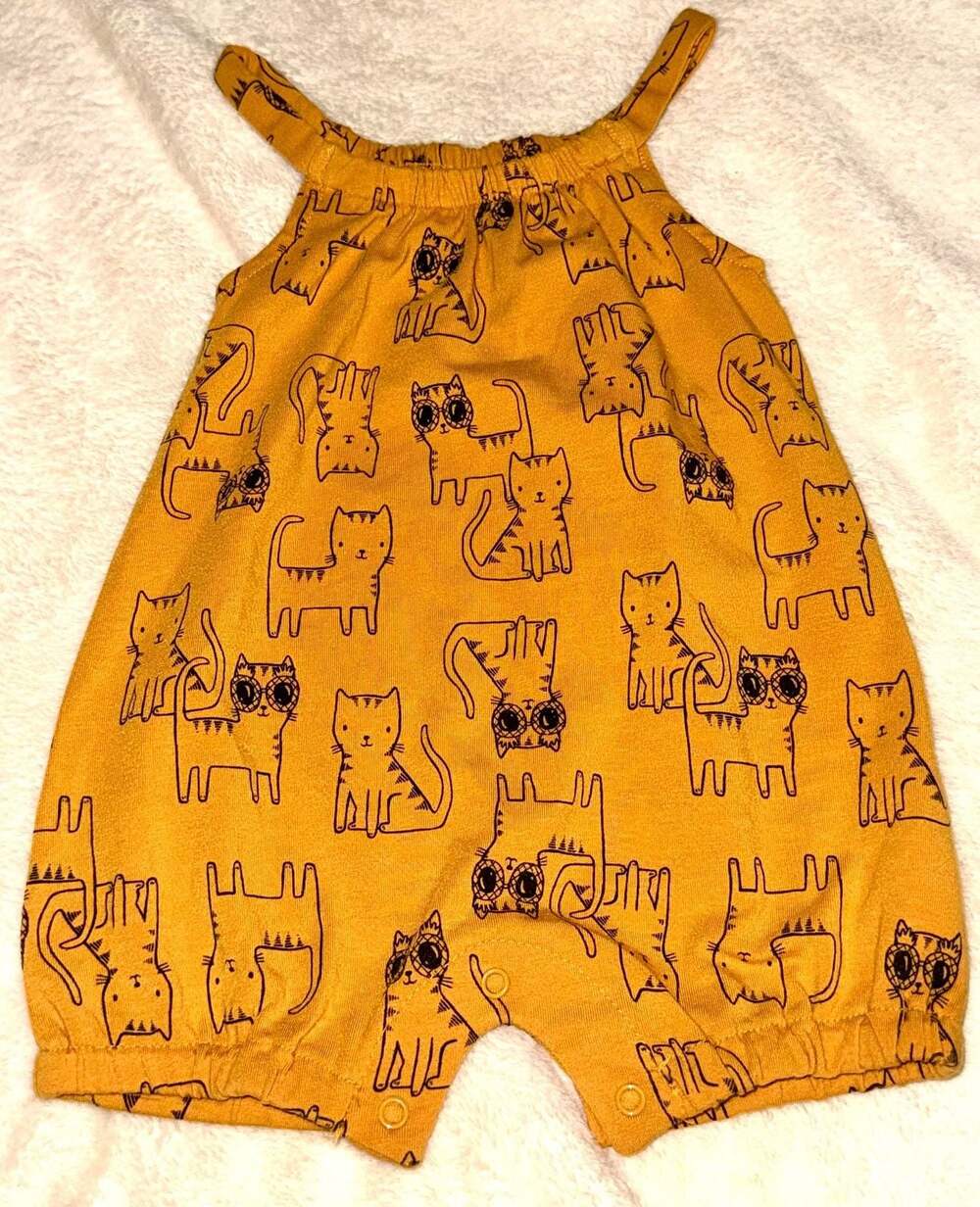 3 Months PL Baby Mustard Yellow Cat Print Sleeveless Baby Romper